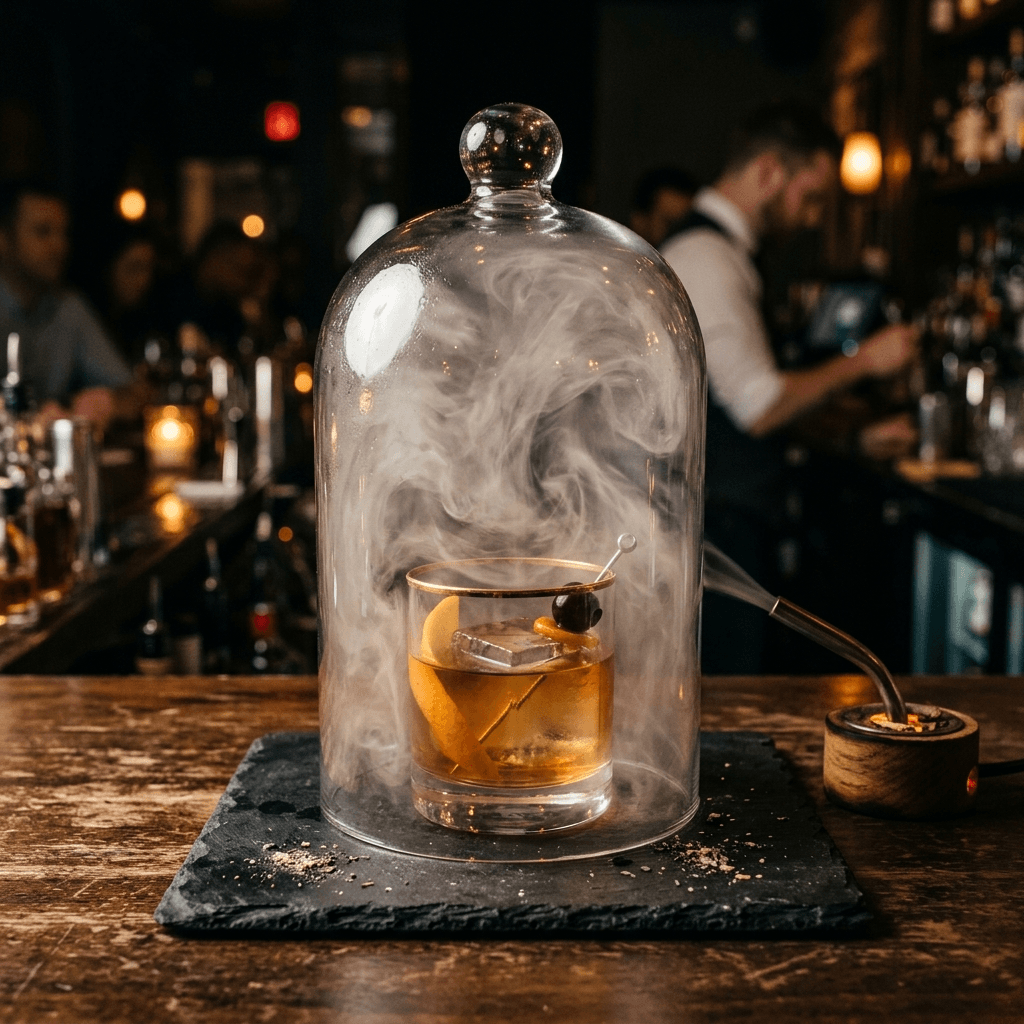 A selection of modern cocktails with unique presentations, including one under a glass cloche