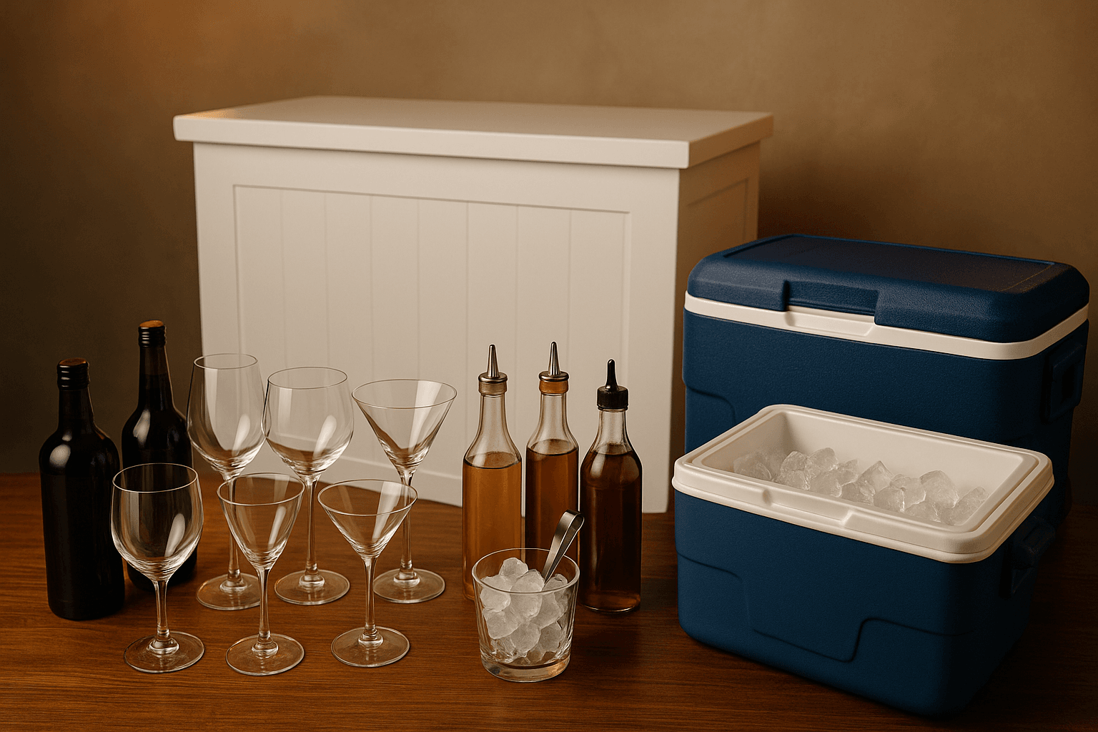 An assortment of bar add-ons like glassware, a portable bar, cooler, and specialty mixers