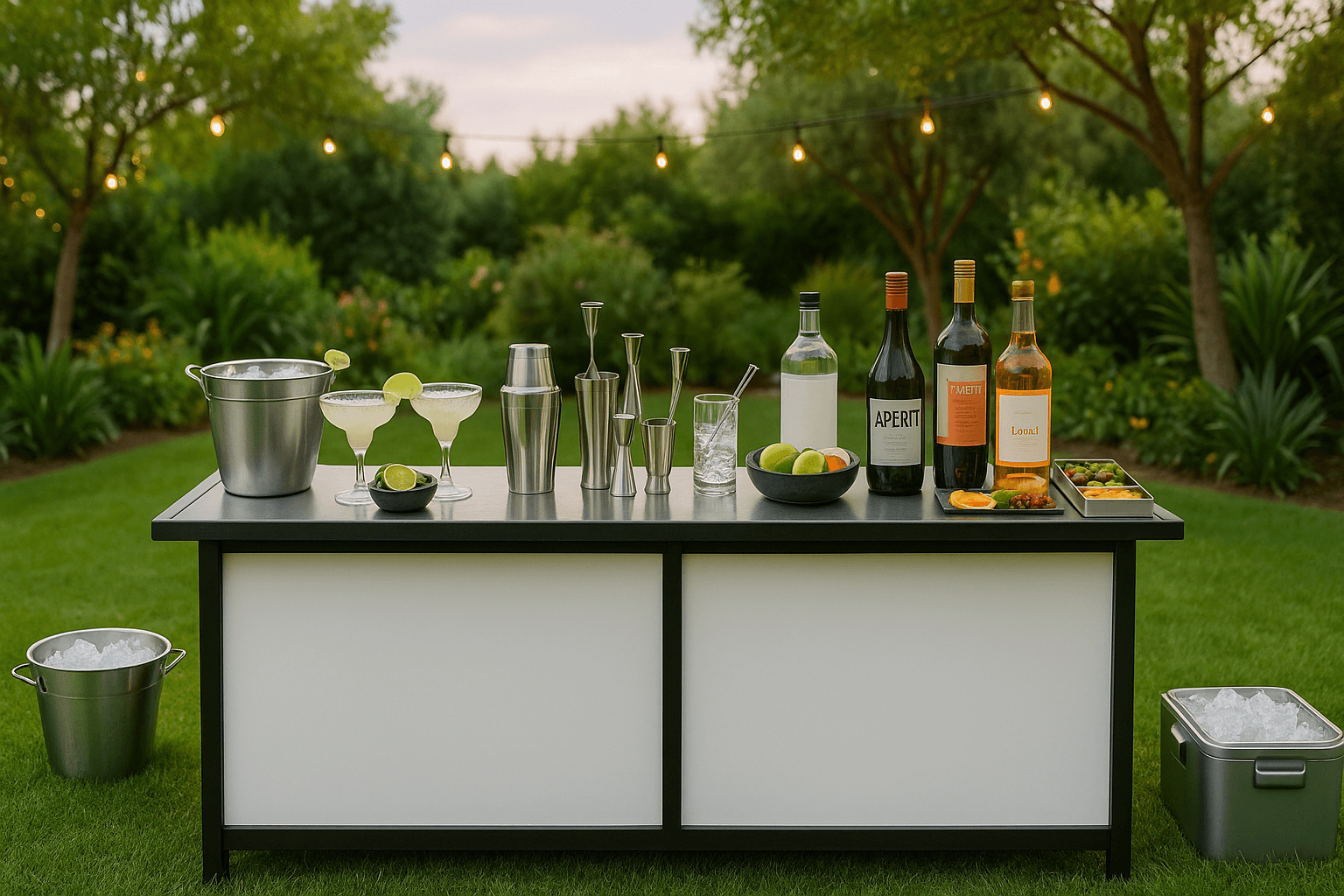 A stylish mobile bar setup at an outdoor event, ready for service